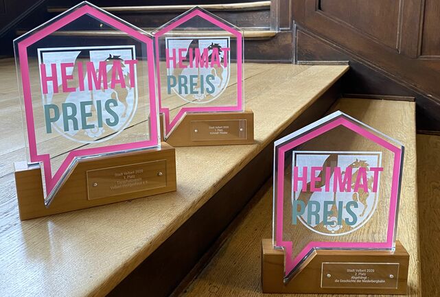 Drei Trophäen, aus Glas und Holz in Form eines Hauses, Aufschrift Heimat-Preis