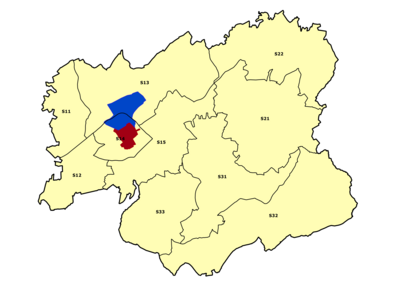 Zu sehen ist eine Karte der Stadt Velbert mit einer Einteilung in die zehn Sozialräume. Durch eine Umrandung hervorgehoben ist im westlichen Teil der Sozialraum 14 „Stadtmitte“, in welchem rot abgesetzt das Stadtumbaugebiet „Innenstadt“, sowie zu einem Teil in blau das Stadtumbaugebiet "Nordstadt" liegt.