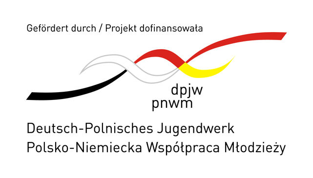 Logo des deutsch-polnischen Jugendwerkes. Zwei wellenartige Gebilde, die sich überkreuzen, in den Farben rot, gelb, weiß und schwarz.